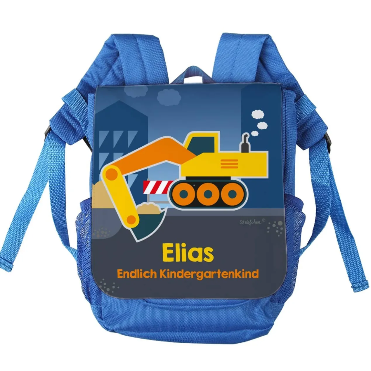 Kinderrucksack mit Bagger, Name und Wunschzeile