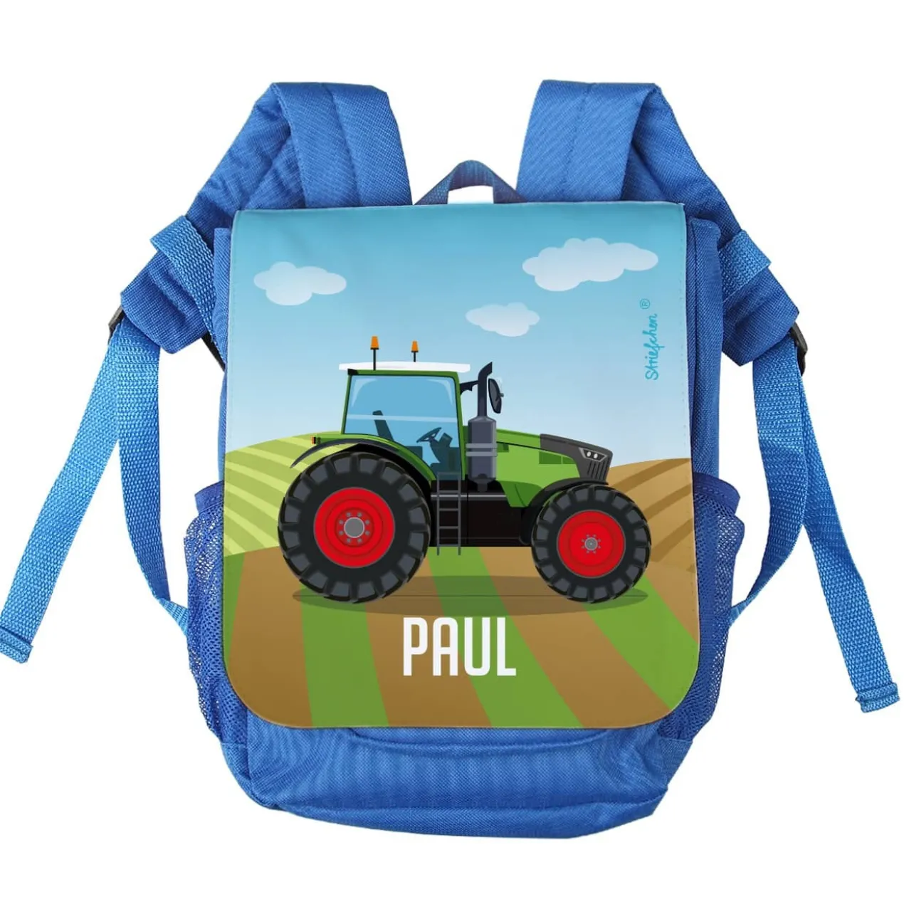 Kinderrucksack mit grünem Traktor und Name