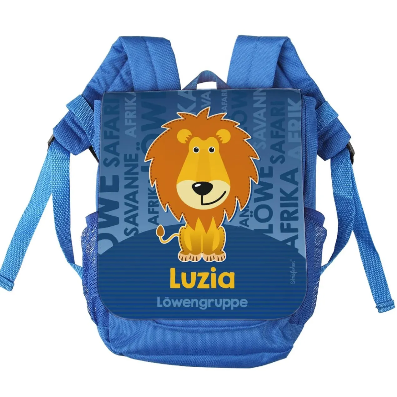 Kinderrucksack mit niedlichem Löwen, Name des Kindes und der Kita-Gruppe