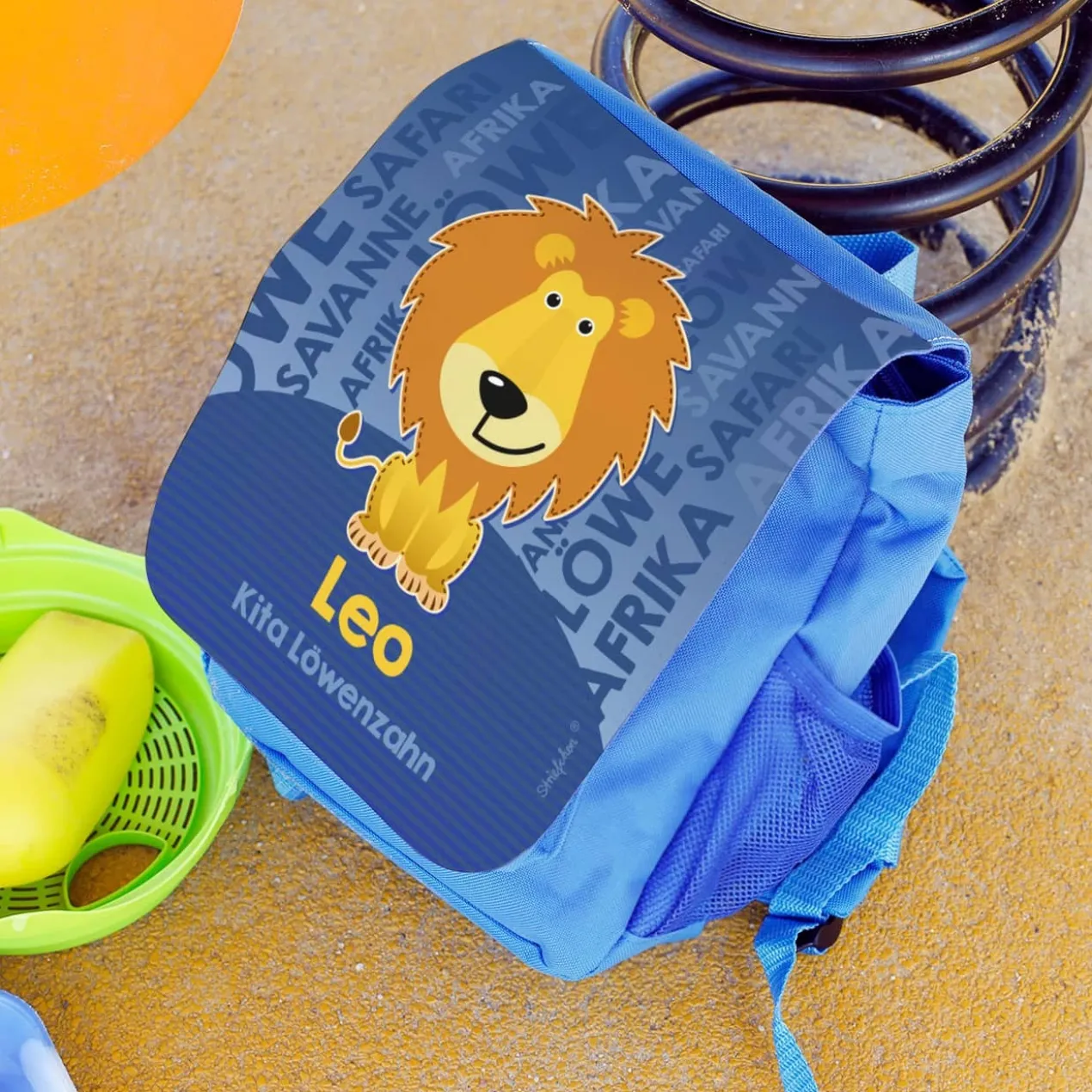 Kinderrucksack mit niedlichem Löwen, Name des Kindes und der Kita-Gruppe