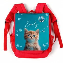 Kinderrucksack mit niedlicher Katze, Seifenblasen und Name oder Initialen