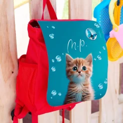 Kinderrucksack mit niedlicher Katze, Seifenblasen und Name oder Initialen