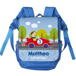 Kinderrucksack mit Rennauto, Name und Name der Kita-Gruppe