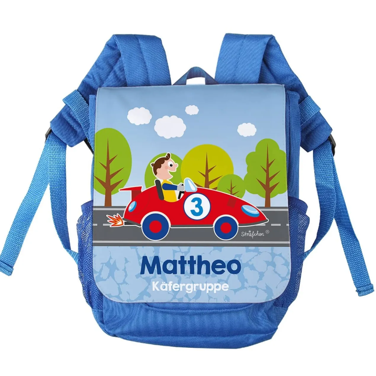 Kinderrucksack mit Rennauto, Name und Name der Kita-Gruppe