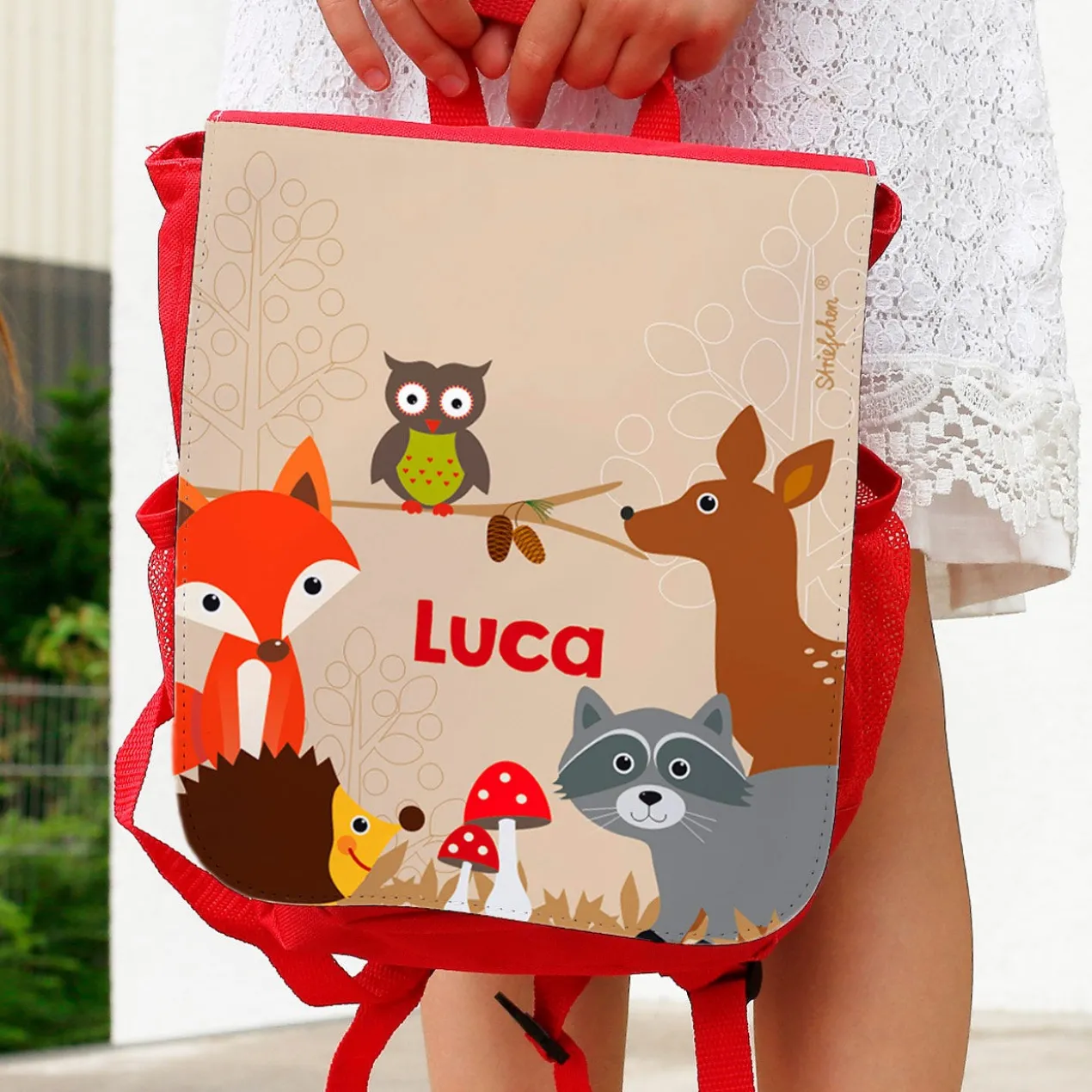 Kinder-Rucksack mit Tieren des Waldes und Name