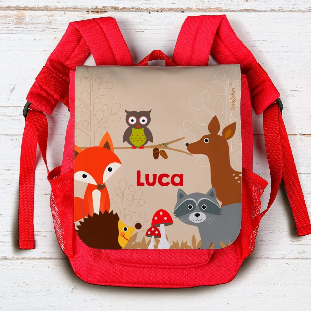 Kinder-Rucksack mit Tieren des Waldes und Name