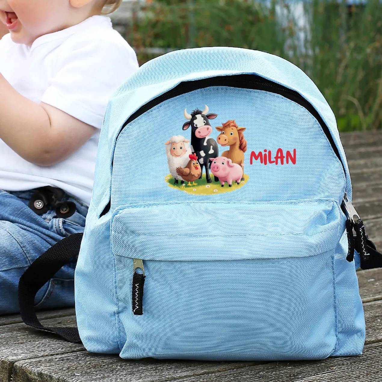 Kinderrucksack mit Tiermotiven in Blau für Jungen | Modell: Bauernhof