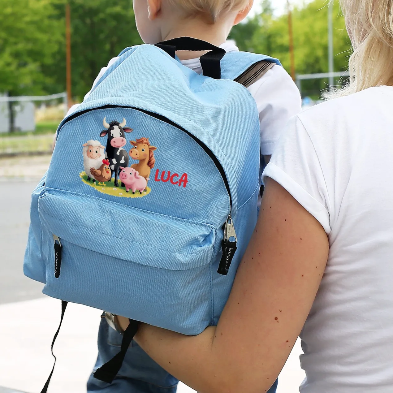 Kinderrucksack mit Tiermotiven in Blau für Jungen | Modell: Bauernhof