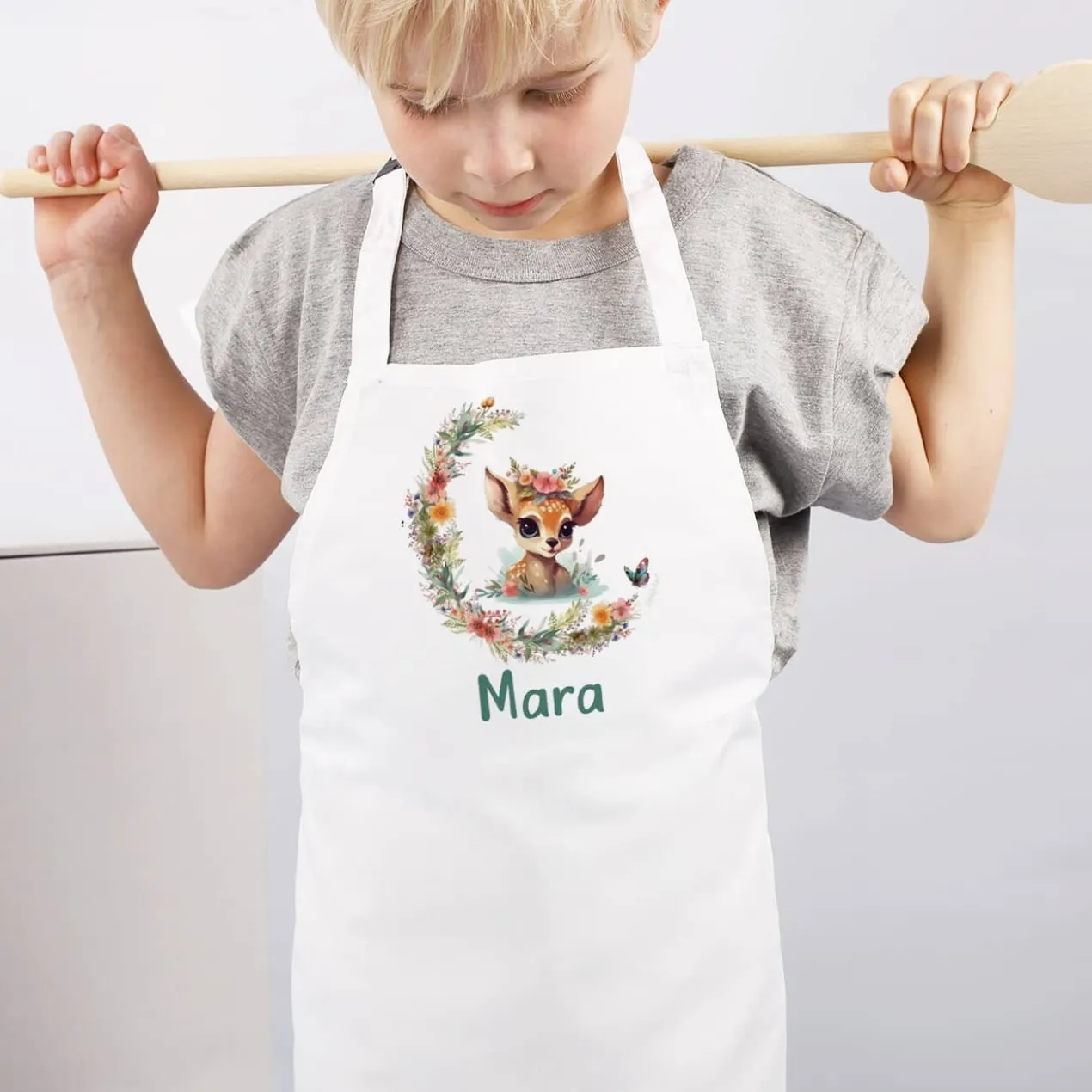 Kinderschürze mit Rehkitz-Motiv und Name