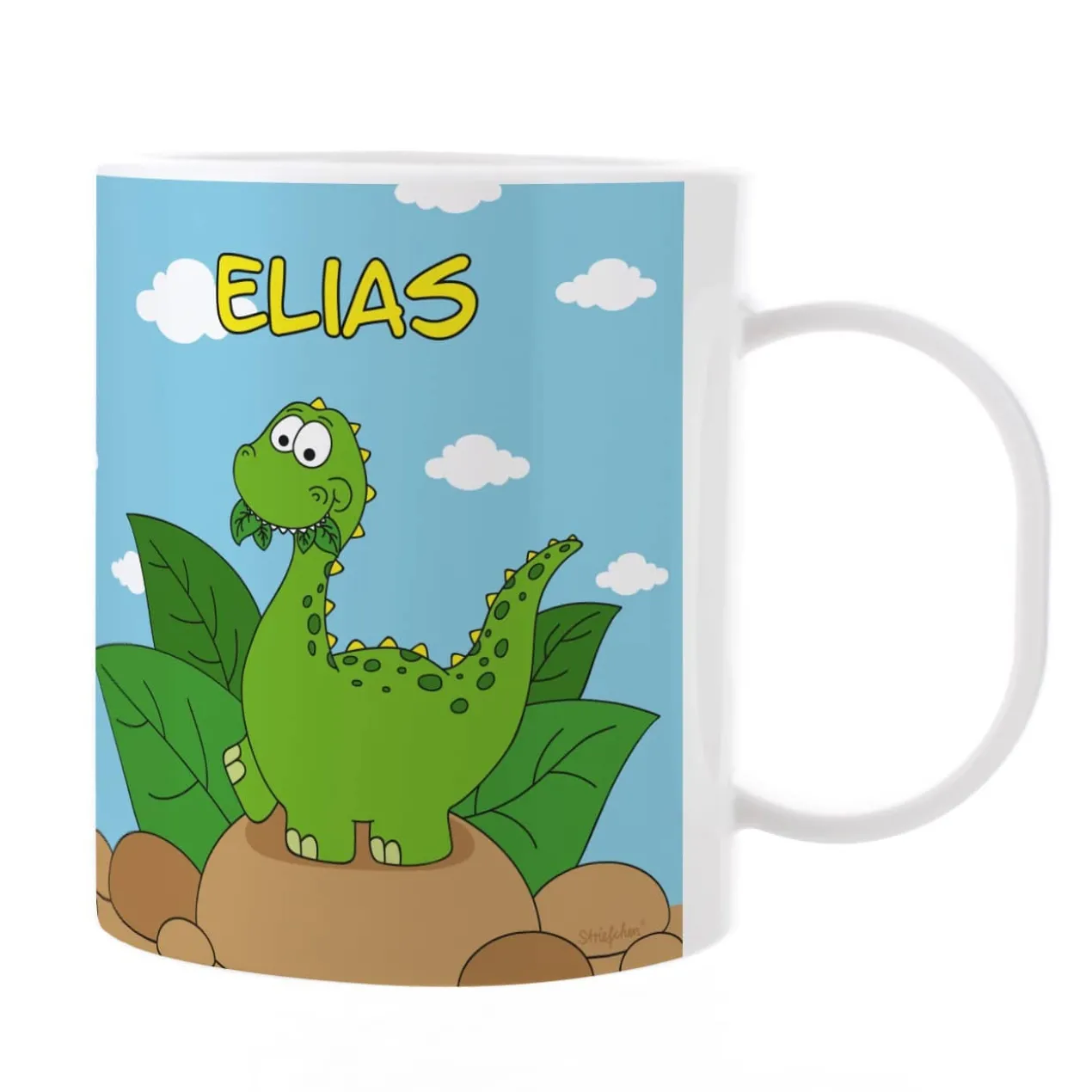 Kindertasse aus Kunststoff mit kleinem Dino und Ihrem Namen