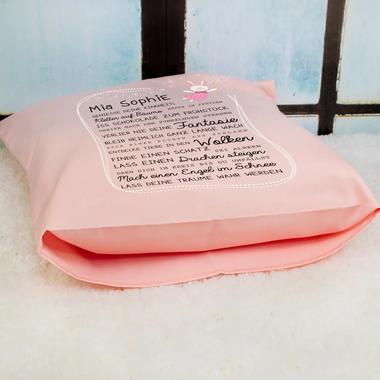Kissen für Kinder mit Name & Kindheit Spruch personalisiert in Rosa oder Blau | Hase & Bär Geschenk