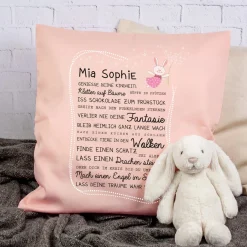 Kissen für Kinder mit Name & Kindheit Spruch personalisiert in Rosa oder Blau | Hase & Bär Geschenk