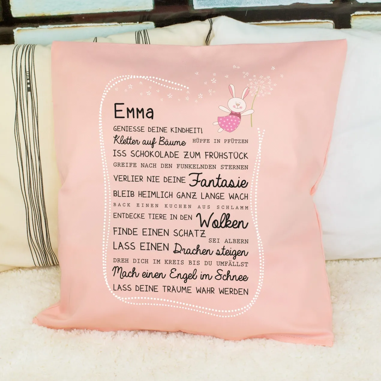 Kissen für Kinder mit Name & Kindheit Spruch personalisiert in Rosa oder Blau | Hase & Bär Geschenk