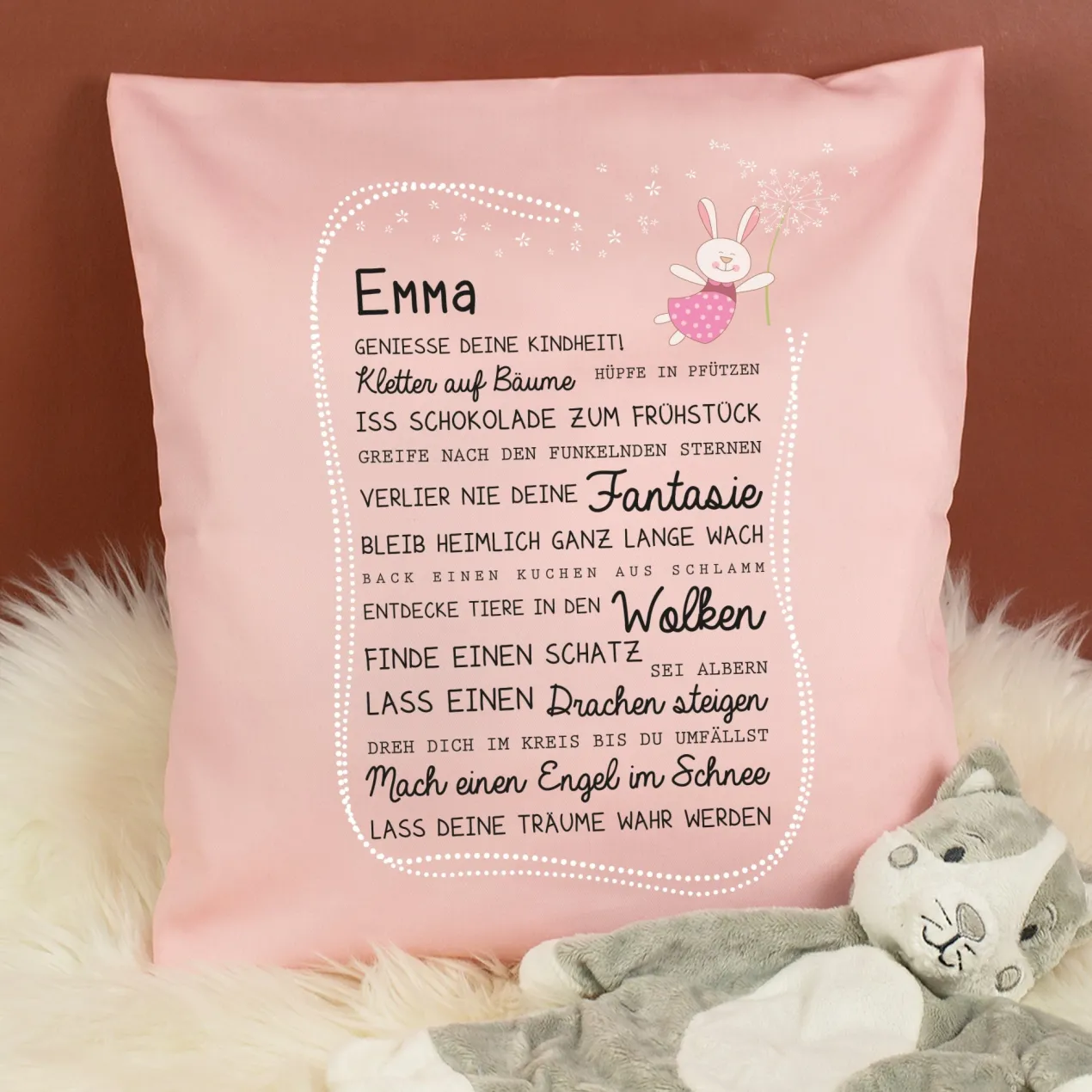 Kissen für Kinder mit Name & Kindheit Spruch personalisiert in Rosa oder Blau | Hase & Bär Geschenk