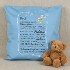 Kissen für Kinder mit Name & Kindheit Spruch personalisiert in Rosa oder Blau | Hase & Bär Geschenk