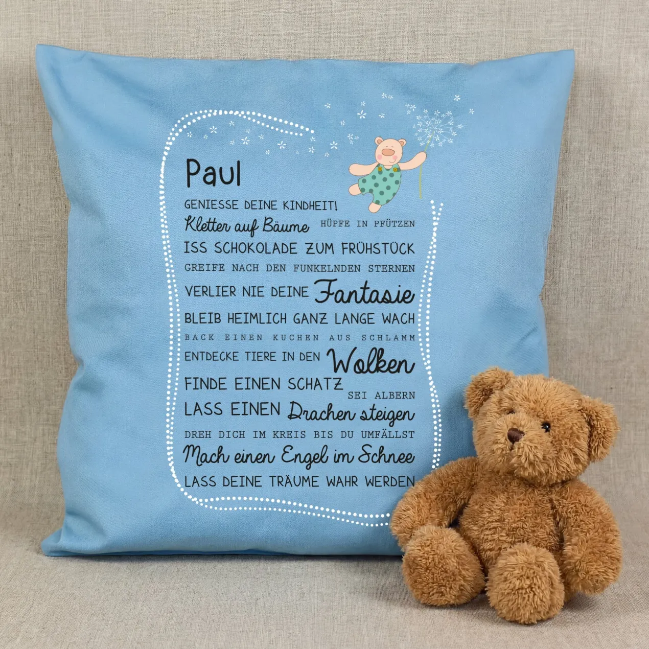 Kissen für Kinder mit Name & Kindheit Spruch personalisiert in Rosa oder Blau | Hase & Bär Geschenk