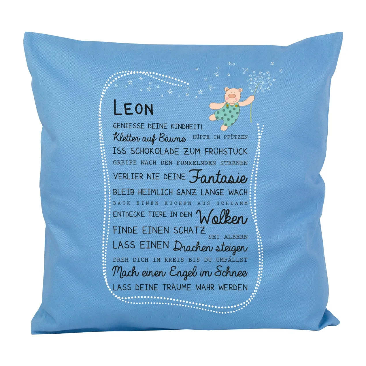 Kissen für Kinder mit Name & Kindheit Spruch personalisiert in Rosa oder Blau | Hase & Bär Geschenk