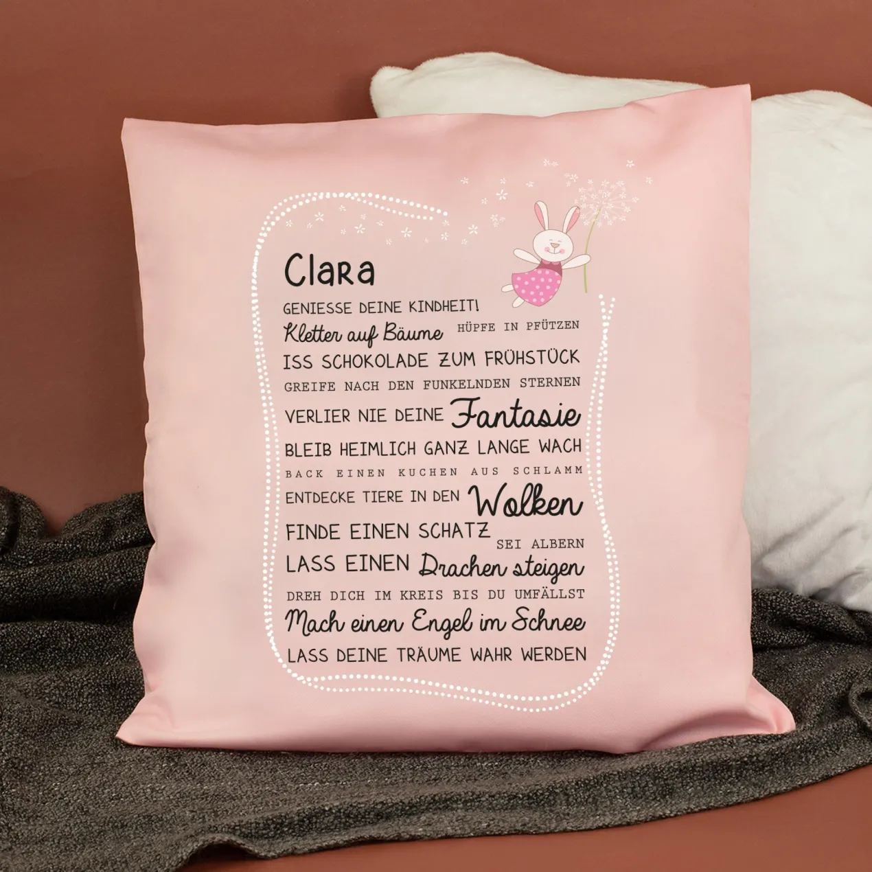 Kissen für Kinder mit Name & Kindheit Spruch personalisiert in Rosa oder Blau | Hase & Bär Geschenk