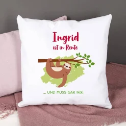 Kissen mit Faultier und Name - Geschenkidee für Rentner