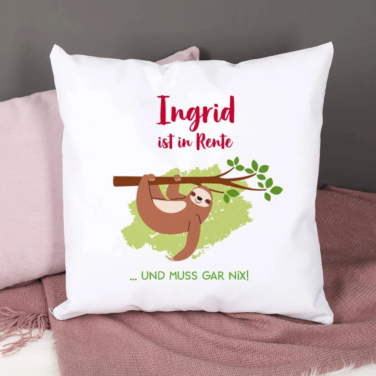 Kissen mit Faultier und Name - Geschenkidee für Rentner