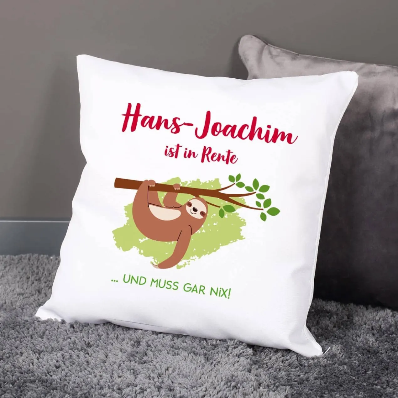 Kissen mit Faultier und Name - Geschenkidee für Rentner