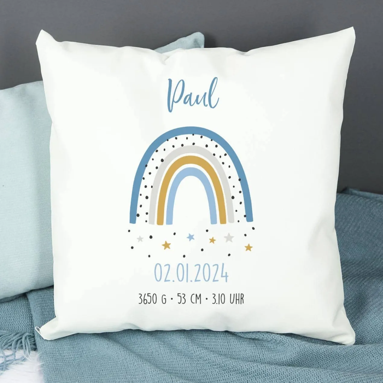 Kissen mit Regenbogen zur Geburt für Jungen