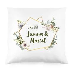 Kissen zur Hochzeit mit Blüten, Namen und Datum