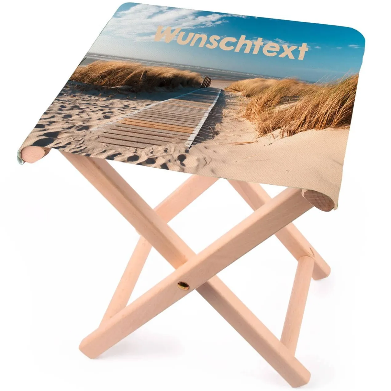 Klapphocker für den Strand bedruckt mit Strandmotiv und Wunschtext