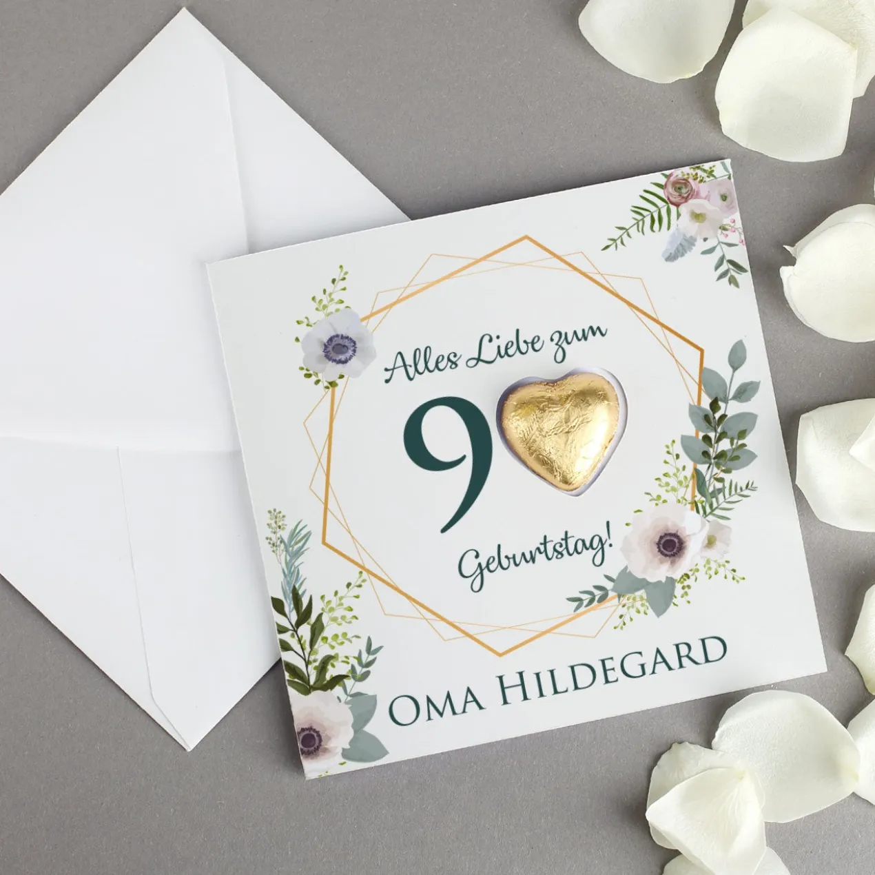 Klappkarte zum runden Geburtstag mit Lindt Schokoherz