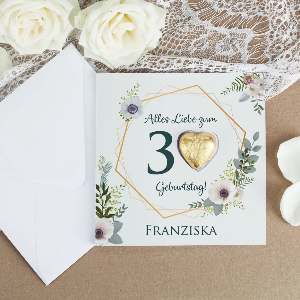Klappkarte zum runden Geburtstag mit Lindt Schokoherz