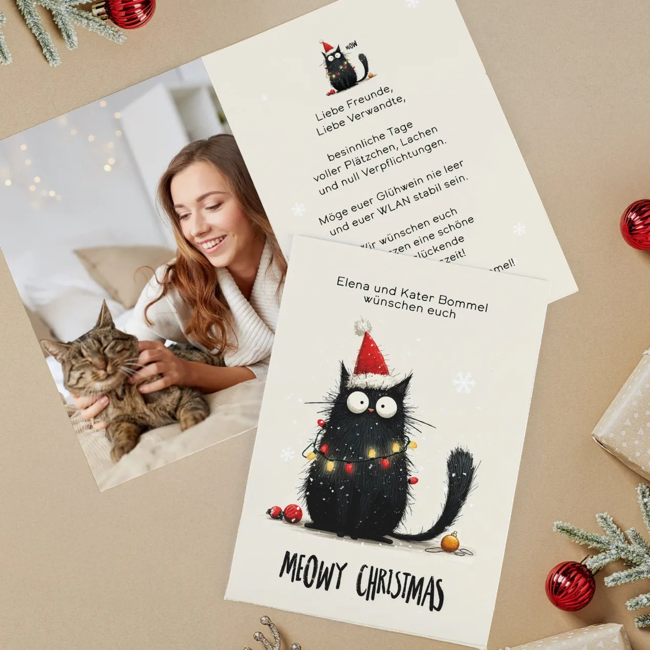 Klappkarte zu Weihnachten personalisiert mit Foto & Wunschtext | Katzenliebhaber Motiv