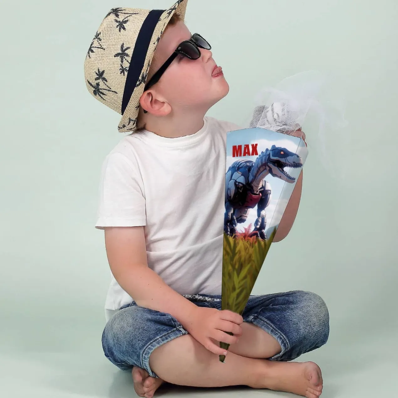 Kleine Geschwister-Schultüte mit Roboter T-Rex und Name, 28 cm