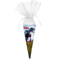 Kleine Geschwister-Schultüte mit Roboter T-Rex und Name, 28 cm