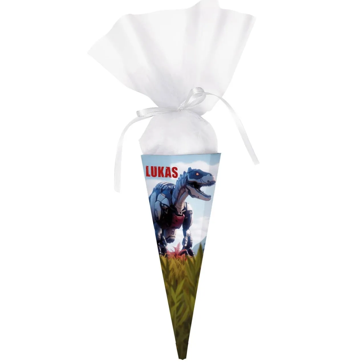 Kleine Geschwister-Schultüte mit Roboter T-Rex und Name, 28 cm