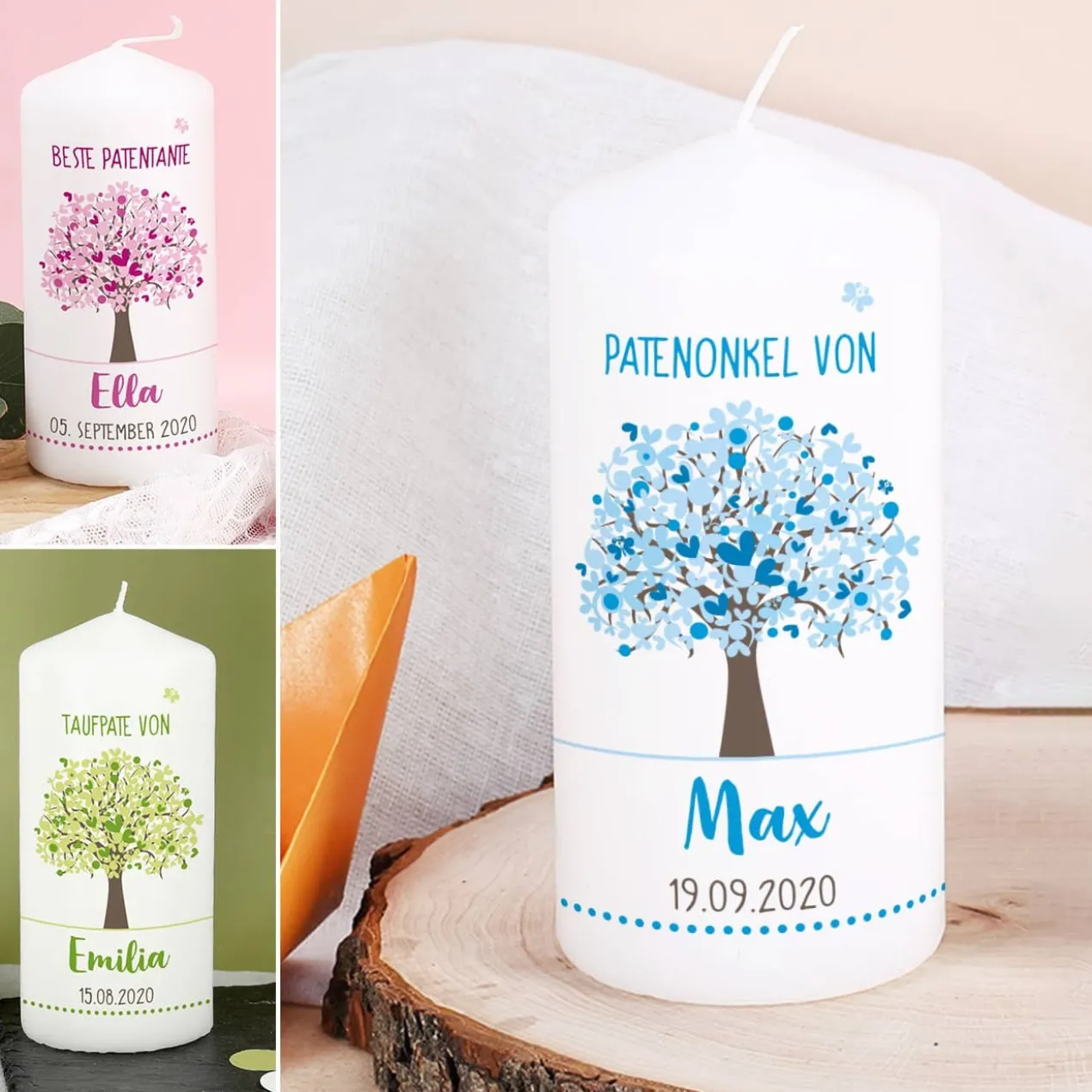 Kleine Patenkerze mit Lebensbaum in 3 Farben