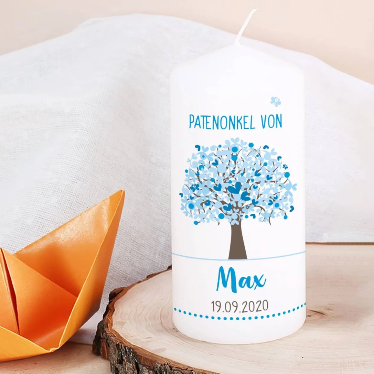 Kleine Patenkerze mit Lebensbaum in 3 Farben