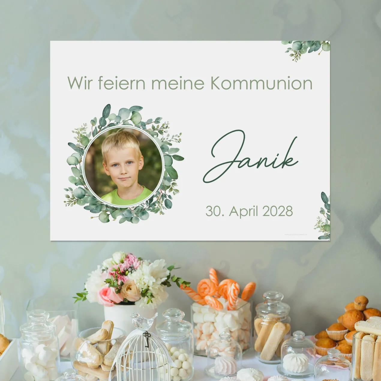 Kleiner Banner zur Taufe, Konfirmation, Kommunion 70x50cm | Eukalyptus Motiv