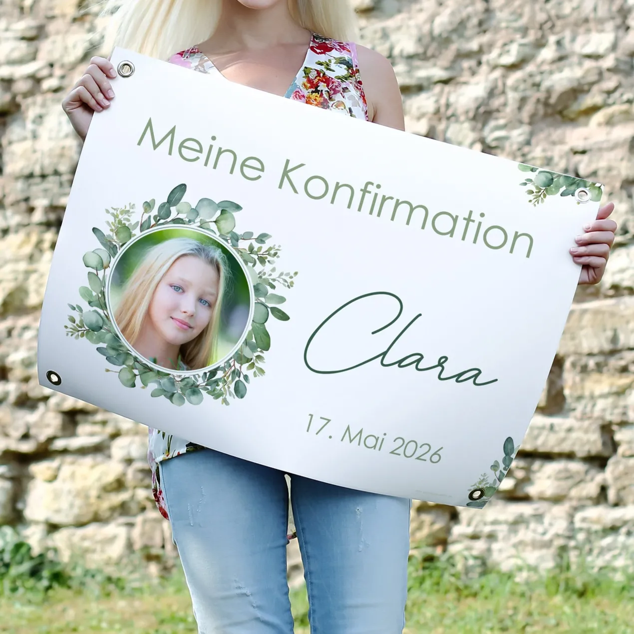 Kleiner Banner zur Taufe, Konfirmation, Kommunion 70x50cm | Eukalyptus Motiv