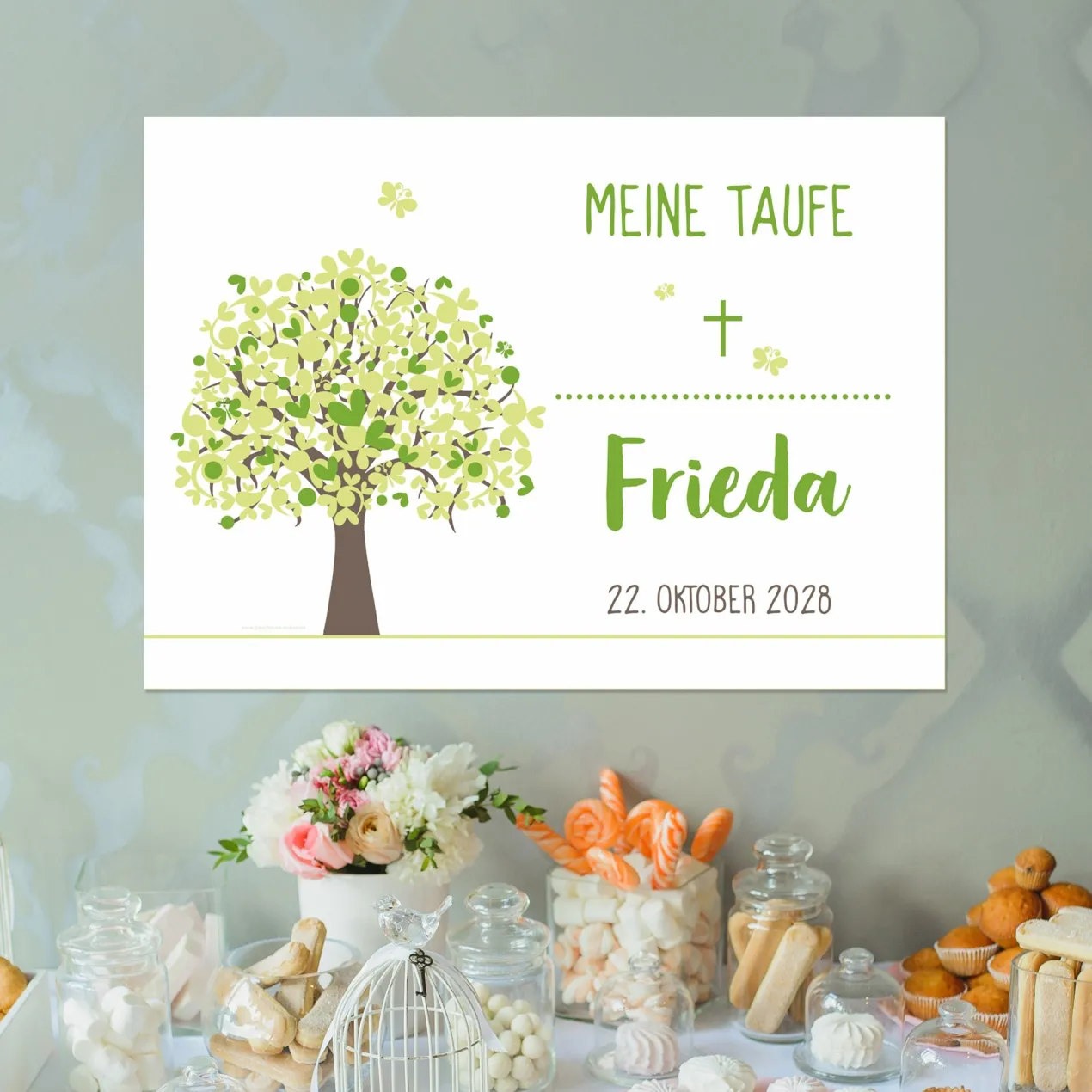 Kleiner Banner zur Taufe, Konfirmation, Kommunion in 3 Farben | Personalisierbar | Lebensbaum