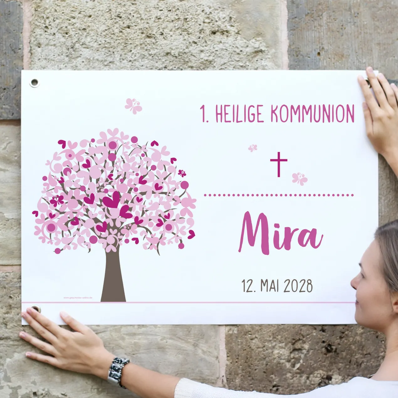 Kleiner Banner zur Taufe, Konfirmation, Kommunion in 3 Farben | Personalisierbar | Lebensbaum