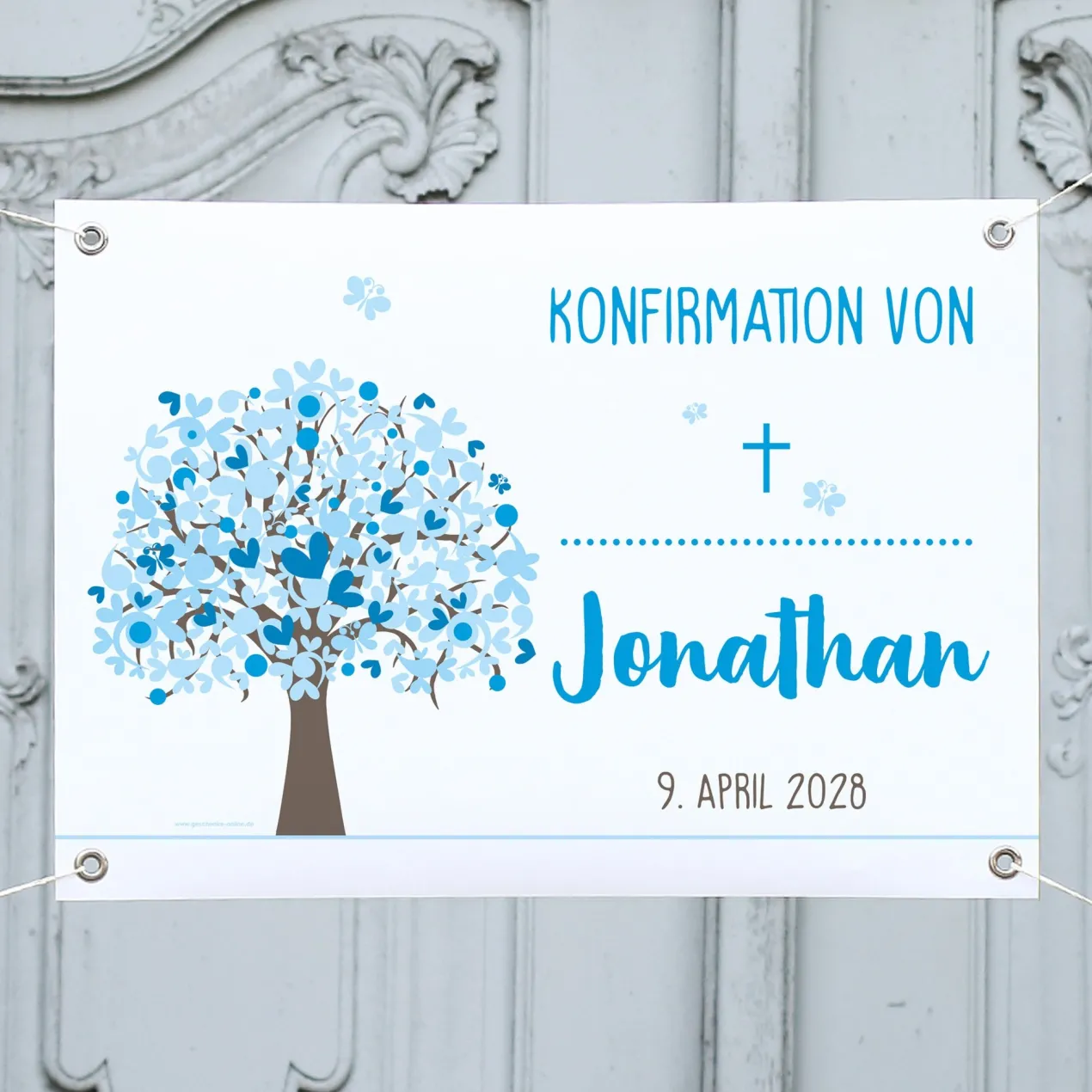 Kleiner Banner zur Taufe, Konfirmation, Kommunion in 3 Farben | Personalisierbar | Lebensbaum