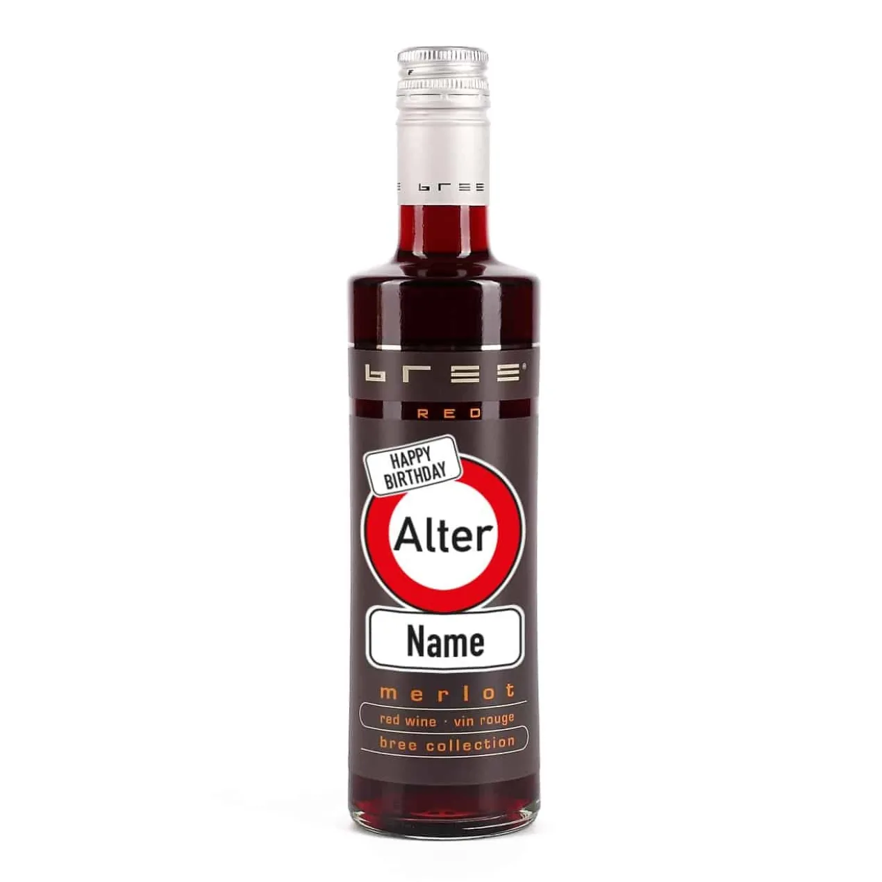 Kleiner BREE Wein zum Geburtstag mit Verkehrszeichen, Name und Alter