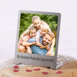 Kleiner Edelstahl Foto-Aufsteller mit Ihrem Bild und Wunschtext bedruckt
