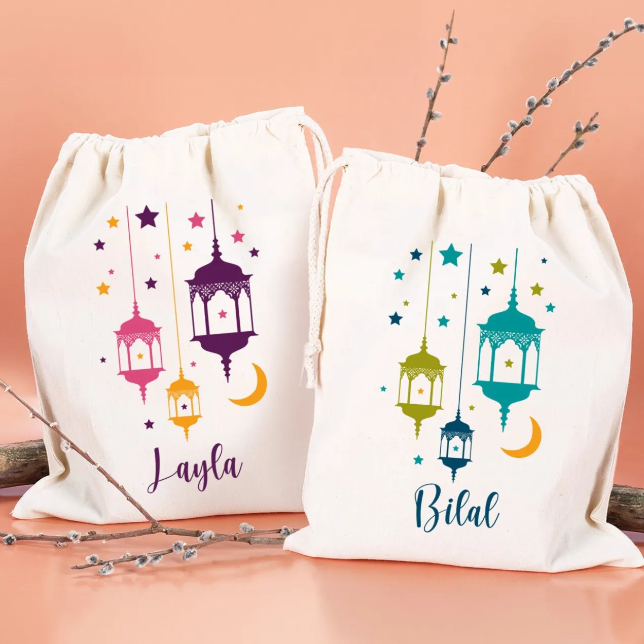 Kleiner Eid Geschenksack mit Laternen und Text, 2 Farben auswählbar, 25x32 cm
