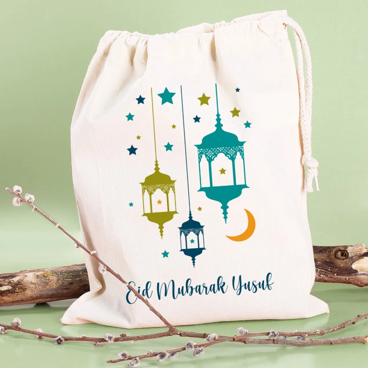 Kleiner Eid Geschenksack mit Laternen und Text, 2 Farben auswählbar, 25x32 cm