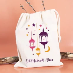 Kleiner Eid Geschenksack mit Laternen und Text, 2 Farben auswählbar, 25x32 cm