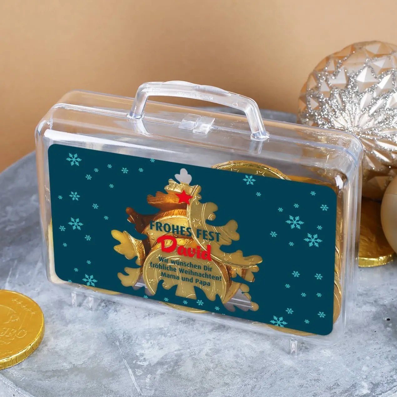 Kleiner Geldkoffer Frohes Fest mit Name und Glückwunschtext