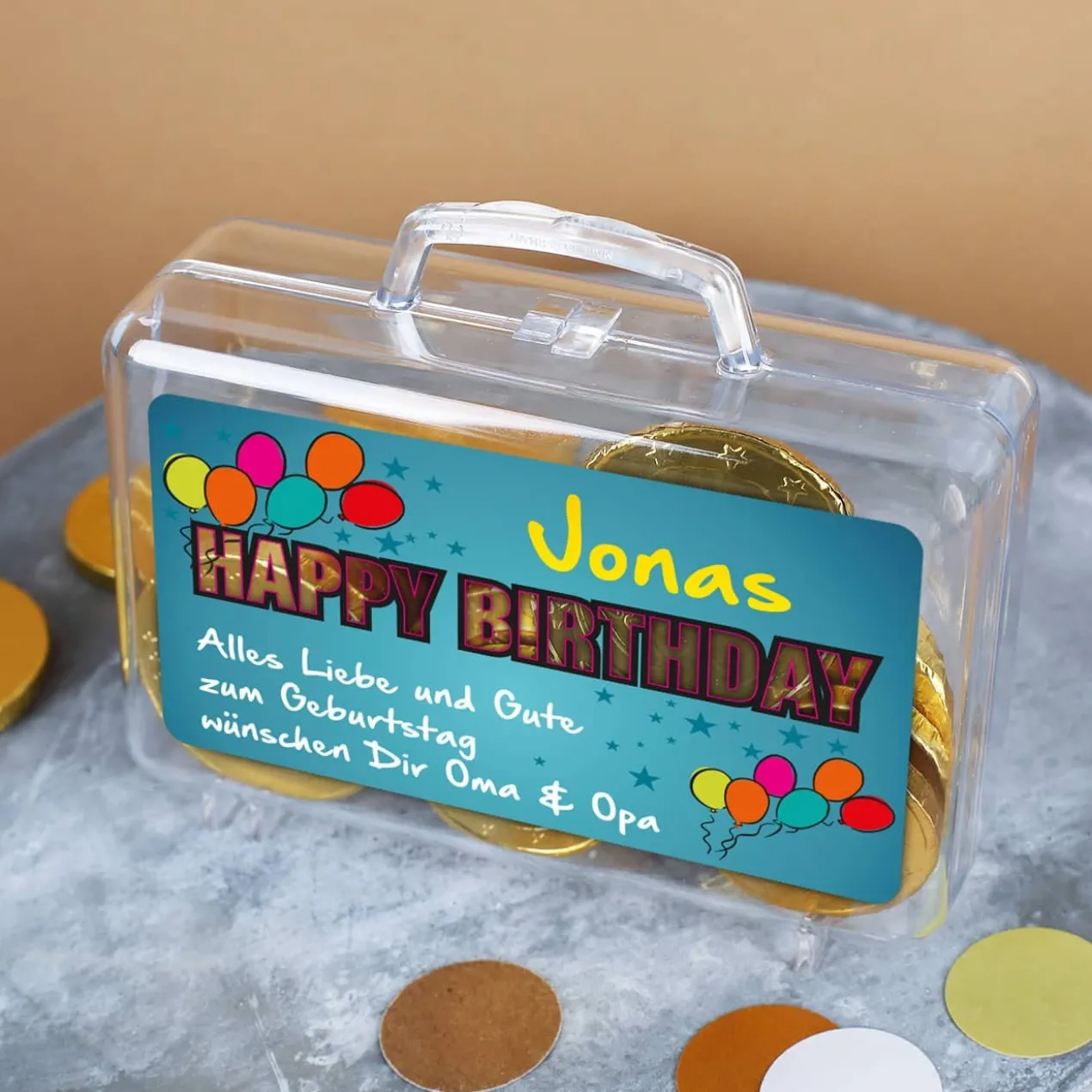 Kleiner Geldkoffer Happy Birthday mit Namen und Glückwunschtext