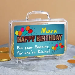 Kleiner Geldkoffer Happy Birthday mit Namen und Glückwunschtext