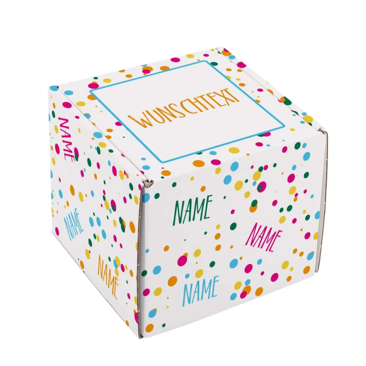 Kleiner Geschenkkarton mit Konfetti, Name und Wunschtext